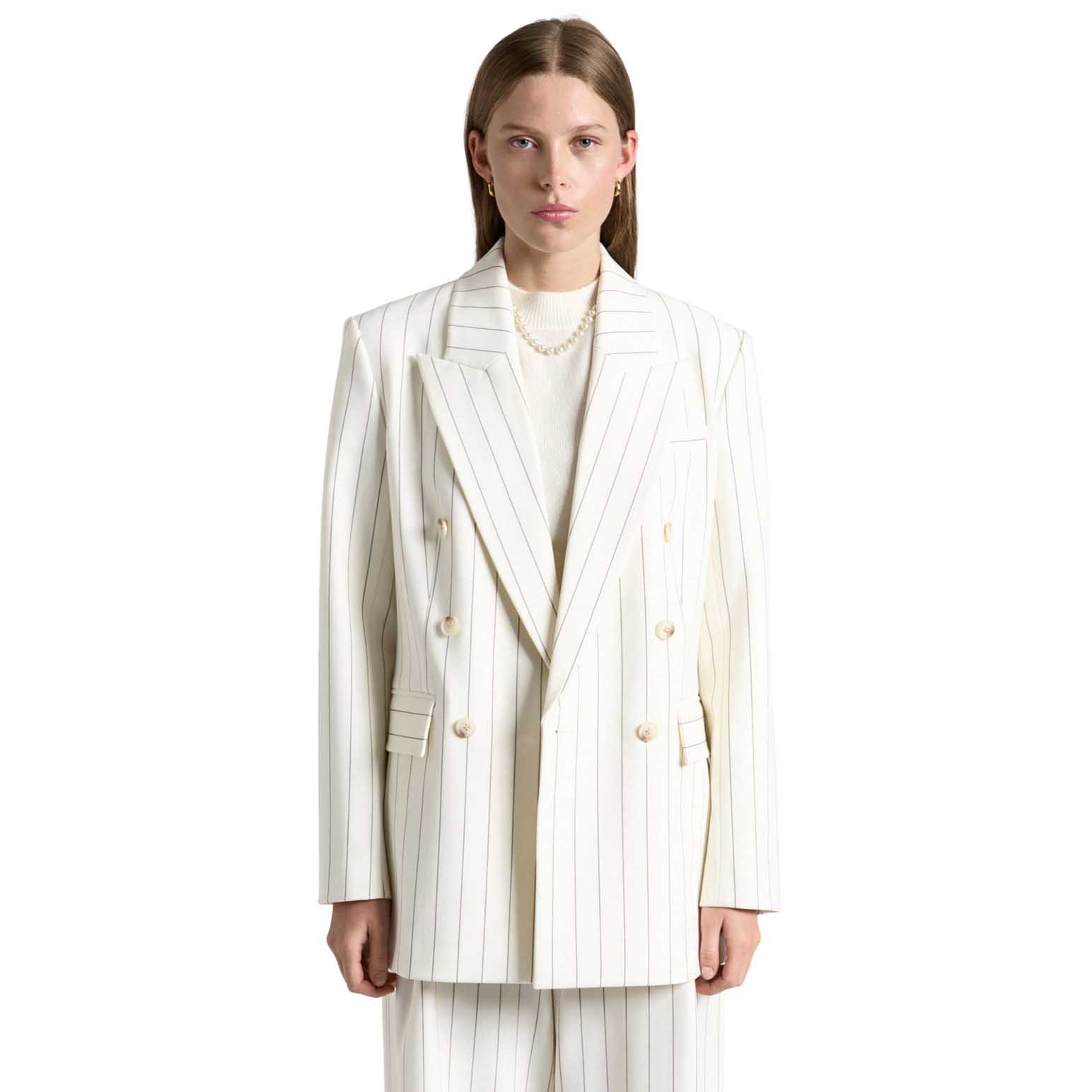 Cue Cream Pinstripe Double Breasted Blazer